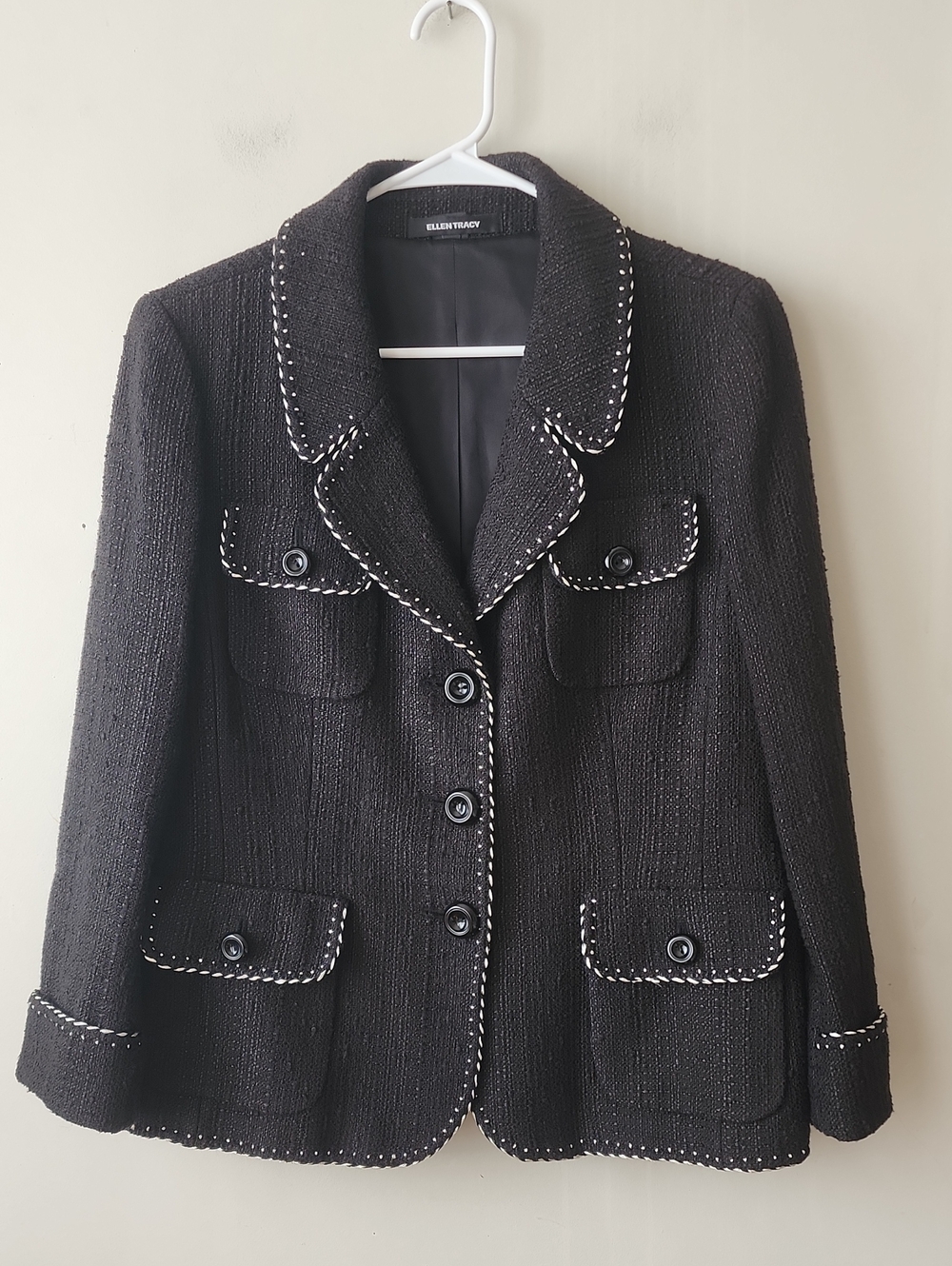 Ellen Tracy Black Tweed Blazer with Contrast Stitching. New Without Tag